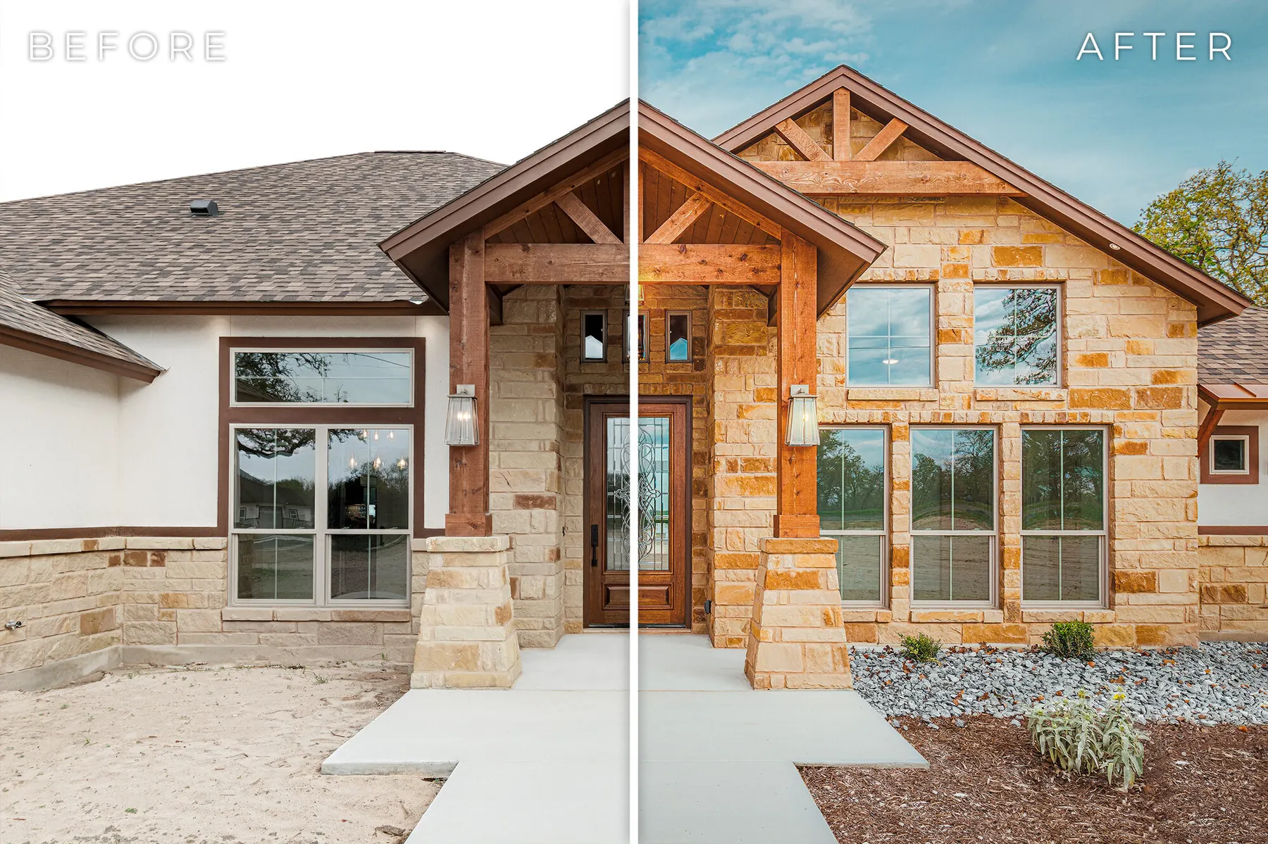 Before and after comparison of a home exterior