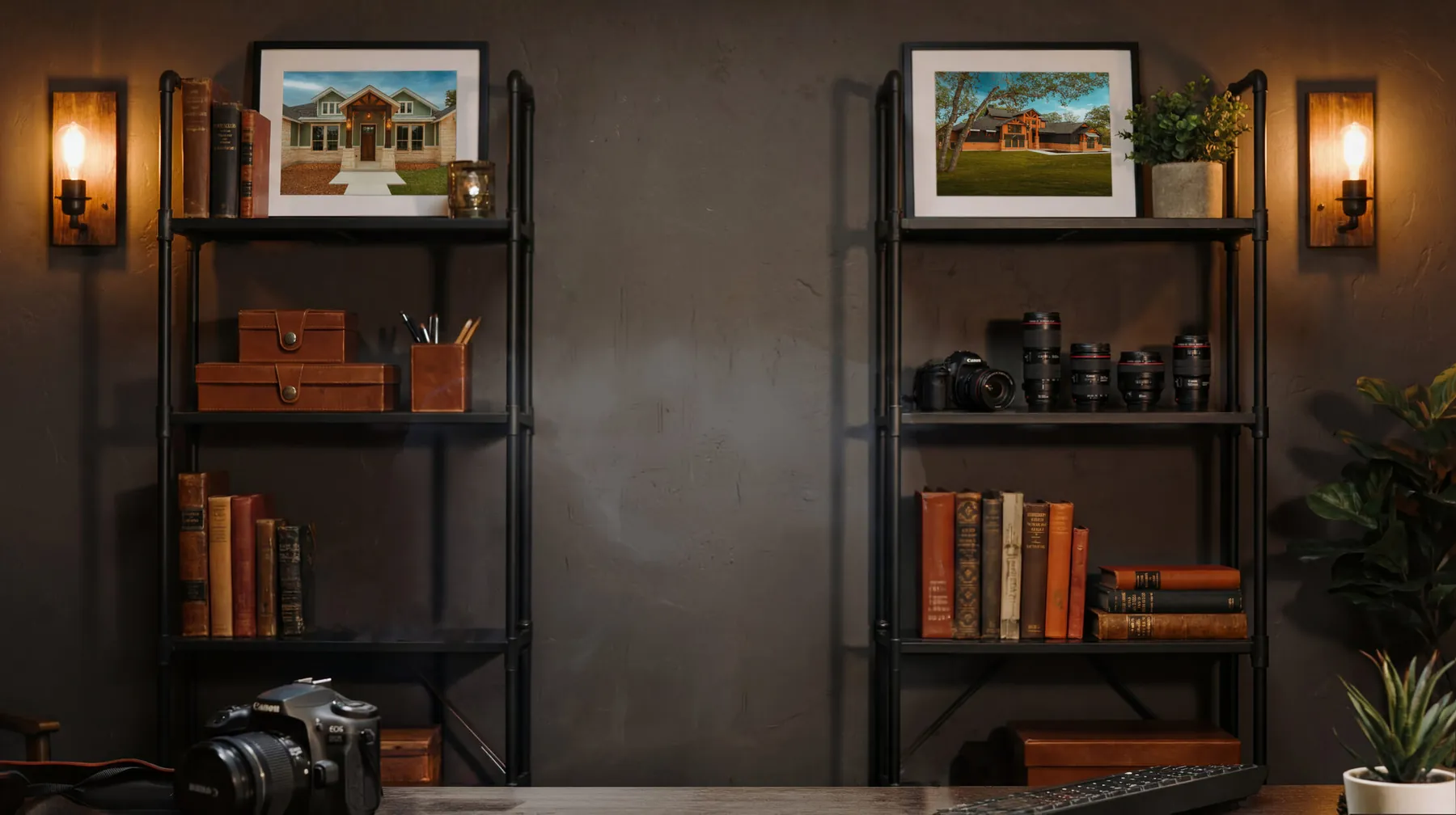 Camera gear and framed prints on a studio shelf